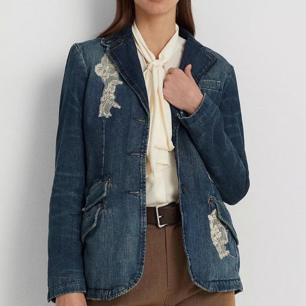 NWT Lauren RL Blue Lace Patchwork Indigo Denim Buttoned Jacket 16W